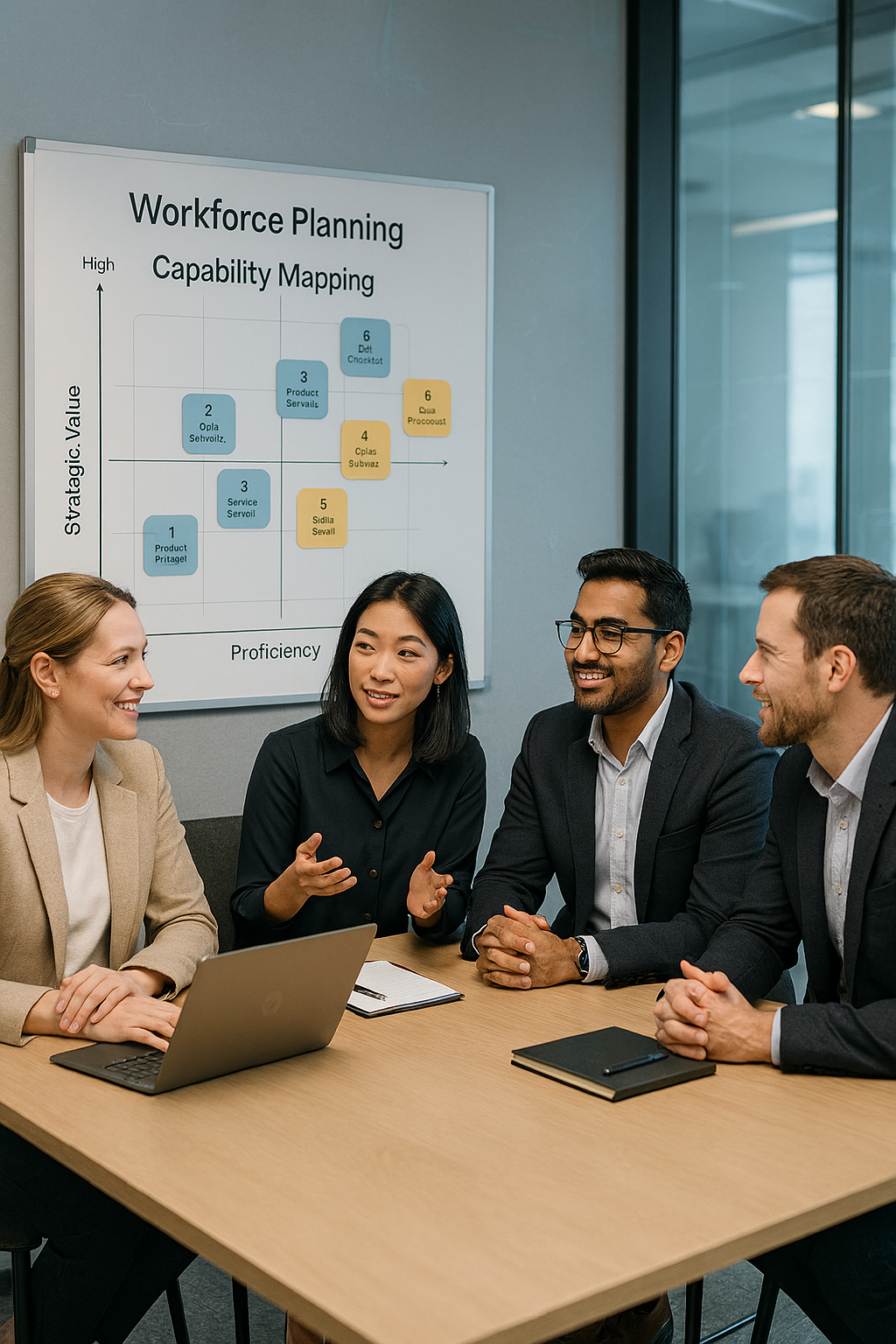 Workforce planning team collaborating near whiteboard